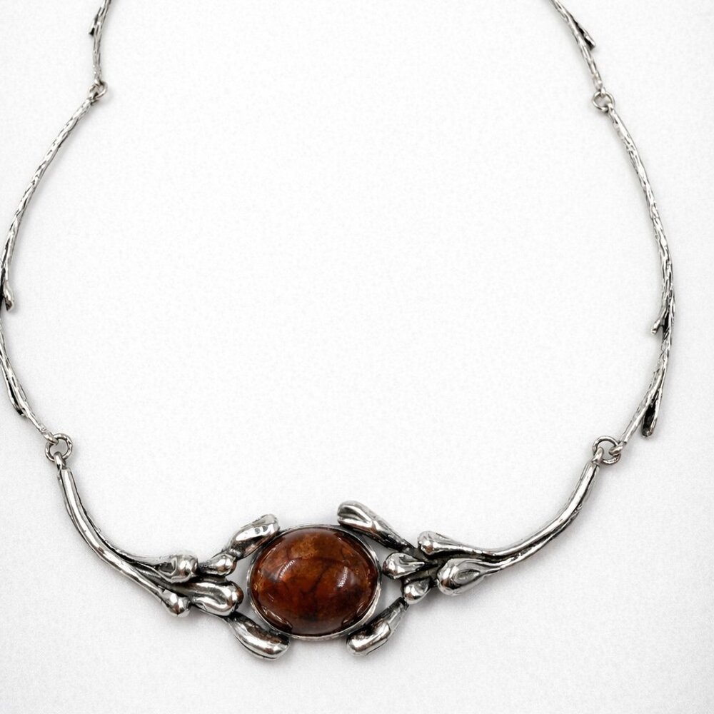 Sterling Silver Amber Cabochon Necklace Branches Natural Organic Style  17 in